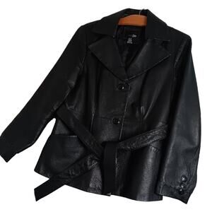 East 5th Leather Jacket/Coat Womens L Petite Black Belt Button Up Belted Luxury